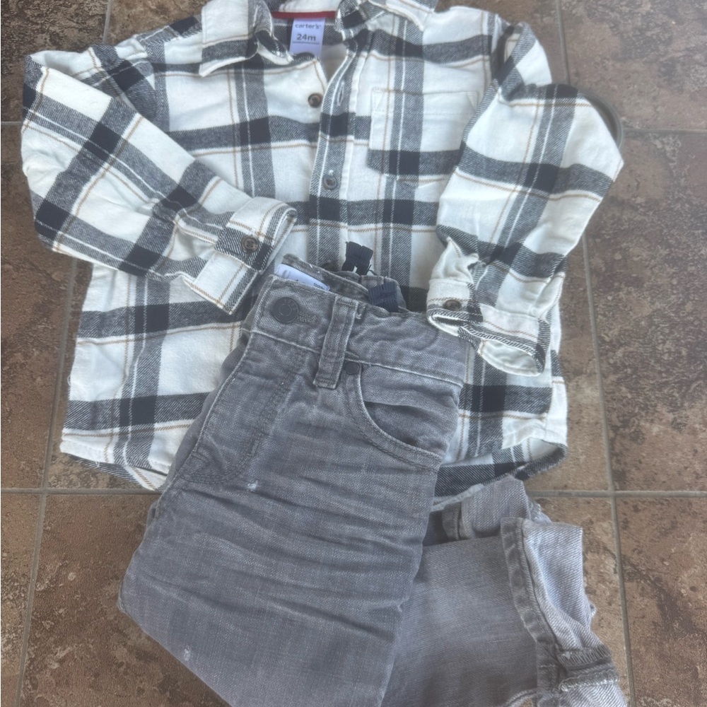 GAP Black and White Plaid Shirt with Gray Jeans